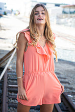 Load image into Gallery viewer, Peach Chiffon Back Tie V Neck Pocketed Romper
