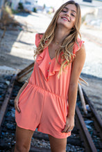 Load image into Gallery viewer, Peach Chiffon Back Tie V Neck Pocketed Romper