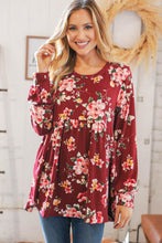Load image into Gallery viewer, Red Wine Floral Print Baby Doll Knit Top