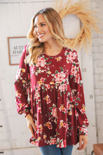 Load image into Gallery viewer, Red Wine Floral Print Baby Doll Knit Top