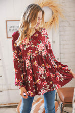 Load image into Gallery viewer, Red Wine Floral Print Baby Doll Knit Top