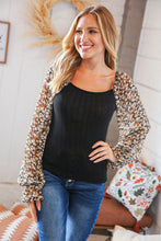 Load image into Gallery viewer, Black Rib Floral Chiffon Bubble Sleeve Slim Fit Top