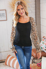 Load image into Gallery viewer, Black Rib Floral Chiffon Bubble Sleeve Slim Fit Top