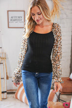 Load image into Gallery viewer, Black Rib Floral Chiffon Bubble Sleeve Slim Fit Top