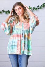 Load image into Gallery viewer, Aqua Boho Patchwork V Neck Woven Top