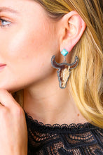 Load image into Gallery viewer, Southwestern Brown Cowhide & Stone Bling Dangle Earrings