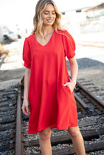 Load image into Gallery viewer, Red Crepe V Neck Capped Short Sleeve Pocketed Dress