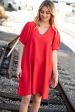 Load image into Gallery viewer, Red Crepe V Neck Capped Short Sleeve Pocketed Dress