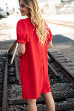 Load image into Gallery viewer, Red Crepe V Neck Capped Short Sleeve Pocketed Dress