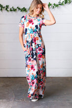 Load image into Gallery viewer, Cream & Navy Floral Pocketed Maxi Dress