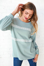 Load image into Gallery viewer, Sage Waffle Knit Crochet Lace Detail Top