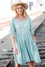 Load image into Gallery viewer, Sage Floral Stripe Yoke Woven Dress with Pockets