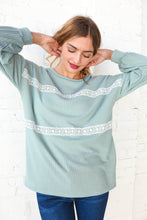 Load image into Gallery viewer, Sage Waffle Knit Crochet Lace Detail Top