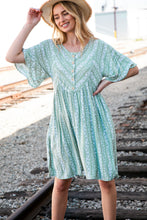 Load image into Gallery viewer, Sage Floral Stripe Yoke Woven Dress with Pockets