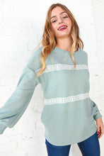 Load image into Gallery viewer, Sage Waffle Knit Crochet Lace Detail Top
