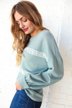 Load image into Gallery viewer, Sage Waffle Knit Crochet Lace Detail Top