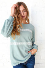 Load image into Gallery viewer, Sage Waffle Knit Crochet Lace Detail Top