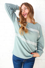 Load image into Gallery viewer, Sage Waffle Knit Crochet Lace Detail Top