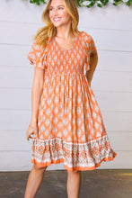 Load image into Gallery viewer, Apricot Paisley Fit and Flare Smocked Midi Dress