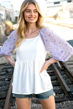 Load image into Gallery viewer, Ivory Lilac Square Neck Floral Swiss Dot Sleeve Top