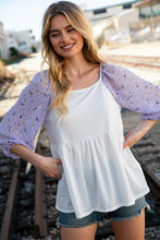 Load image into Gallery viewer, Ivory Lilac Square Neck Floral Swiss Dot Sleeve Top