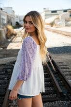 Load image into Gallery viewer, Ivory Lilac Square Neck Floral Swiss Dot Sleeve Top