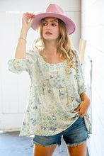 Load image into Gallery viewer, Mint Patchwork Print Crinkle Woven Babydoll Top