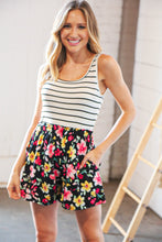 Load image into Gallery viewer, Stripe & Floral Frill Waist Two Fer Pocketed Romper