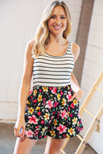 Load image into Gallery viewer, Stripe & Floral Frill Waist Two Fer Pocketed Romper