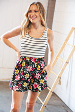 Load image into Gallery viewer, Stripe & Floral Frill Waist Two Fer Pocketed Romper