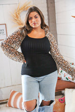 Load image into Gallery viewer, Black Rib Floral Chiffon Bubble Sleeve Slim Fit Top