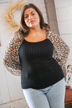 Load image into Gallery viewer, Black Rib Floral Chiffon Bubble Sleeve Slim Fit Top