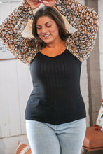 Load image into Gallery viewer, Black Rib Floral Chiffon Bubble Sleeve Slim Fit Top