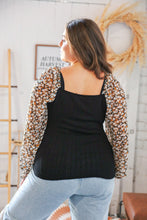 Load image into Gallery viewer, Black Rib Floral Chiffon Bubble Sleeve Slim Fit Top