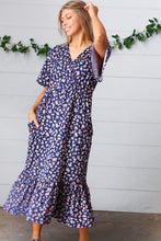 Load image into Gallery viewer, Navy Floral Surplice Elastic Waist Ruffle Maxi Dress