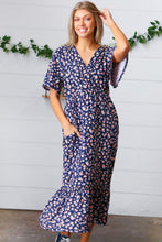 Load image into Gallery viewer, Navy Floral Surplice Elastic Waist Ruffle Maxi Dress