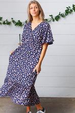 Load image into Gallery viewer, Navy Floral Surplice Elastic Waist Ruffle Maxi Dress