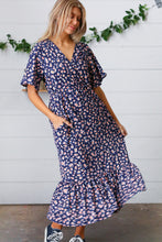 Load image into Gallery viewer, Navy Floral Surplice Elastic Waist Ruffle Maxi Dress
