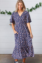 Load image into Gallery viewer, Navy Floral Surplice Elastic Waist Ruffle Maxi Dress