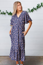 Load image into Gallery viewer, Navy Floral Surplice Elastic Waist Ruffle Maxi Dress