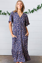 Load image into Gallery viewer, Navy Floral Surplice Elastic Waist Ruffle Maxi Dress