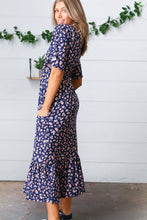 Load image into Gallery viewer, Navy Floral Surplice Elastic Waist Ruffle Maxi Dress