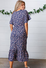 Load image into Gallery viewer, Navy Floral Surplice Elastic Waist Ruffle Maxi Dress