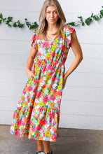 Load image into Gallery viewer, Multicolor Floral Boho Elastic Waist Ruffle Midi Dress