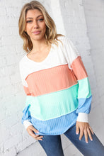 Load image into Gallery viewer, V Neck Multistripe Pointelle Rib Out Seam Detail Top