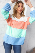 Load image into Gallery viewer, V Neck Multistripe Pointelle Rib Out Seam Detail Top