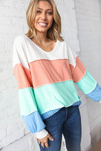 Load image into Gallery viewer, V Neck Multistripe Pointelle Rib Out Seam Detail Top