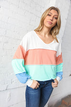 Load image into Gallery viewer, V Neck Multistripe Pointelle Rib Out Seam Detail Top