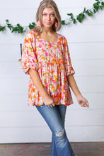 Load image into Gallery viewer, Orange Square Neck Peplum Floral Challis Top