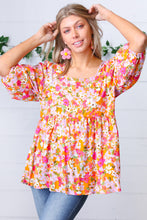 Load image into Gallery viewer, Orange Square Neck Peplum Floral Challis Top